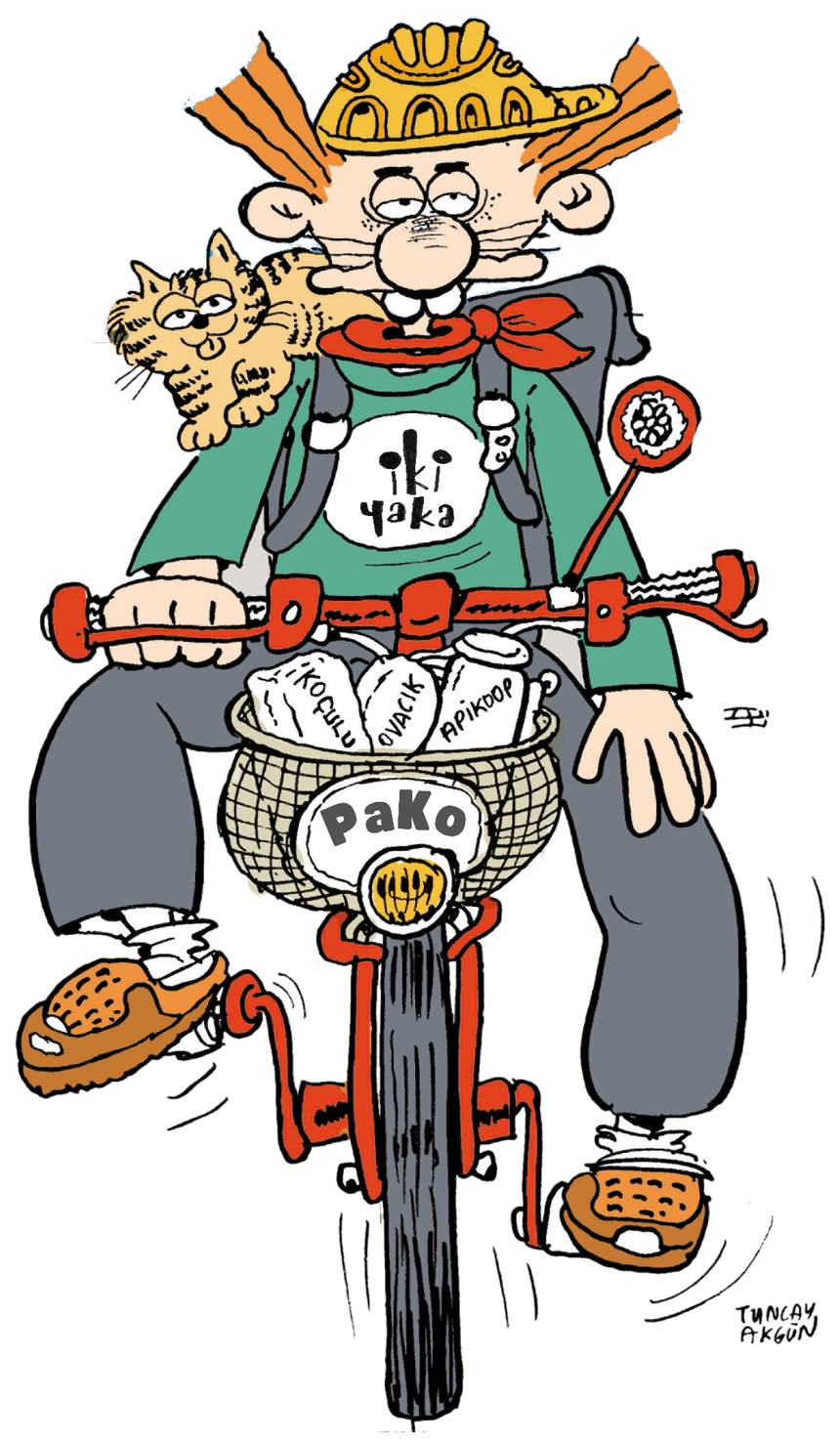 Pako, the İkiyaka Koop courier, cycling with a basket of co-op goods